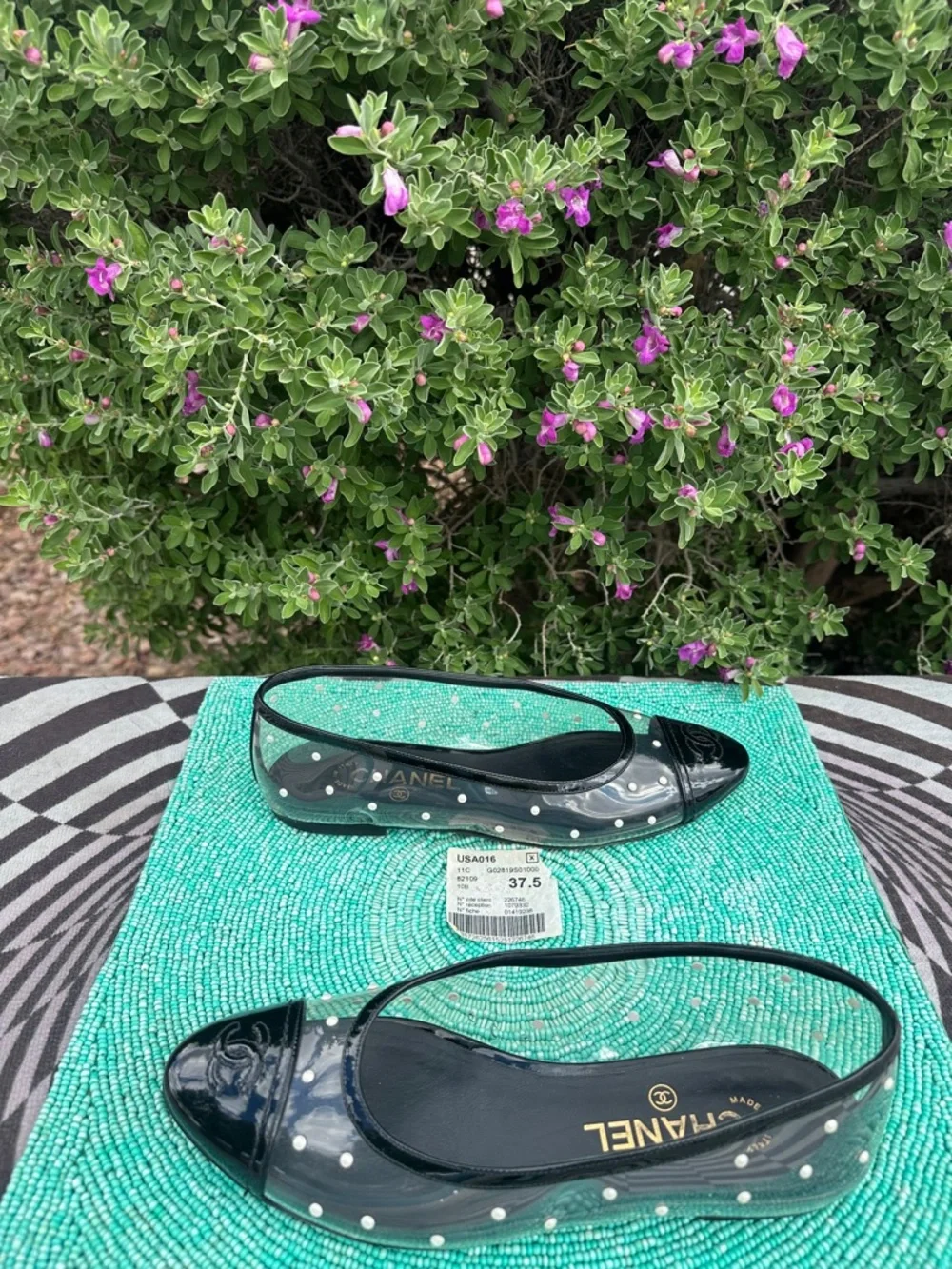 CHANEL PVC serial#GO2819 clear balerina flats 37 1/2 with Pearl Polka Studs-used